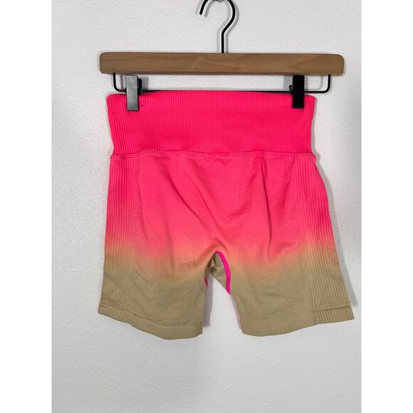 PINK Active Seamless Ombre Ribbed Shorts Hot Pink Tan | Small - Picture 3 of 5